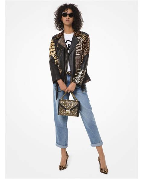 michael kors animal-print patchwork leather moto jacket|Leather Moto Jacket .